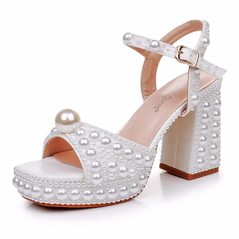 

9cm Women Sandals Fashion High Quality Wedding Shoes Women New Pearls Studs Luxury Peep Toe High Heels Buckle Woman Sandal 43