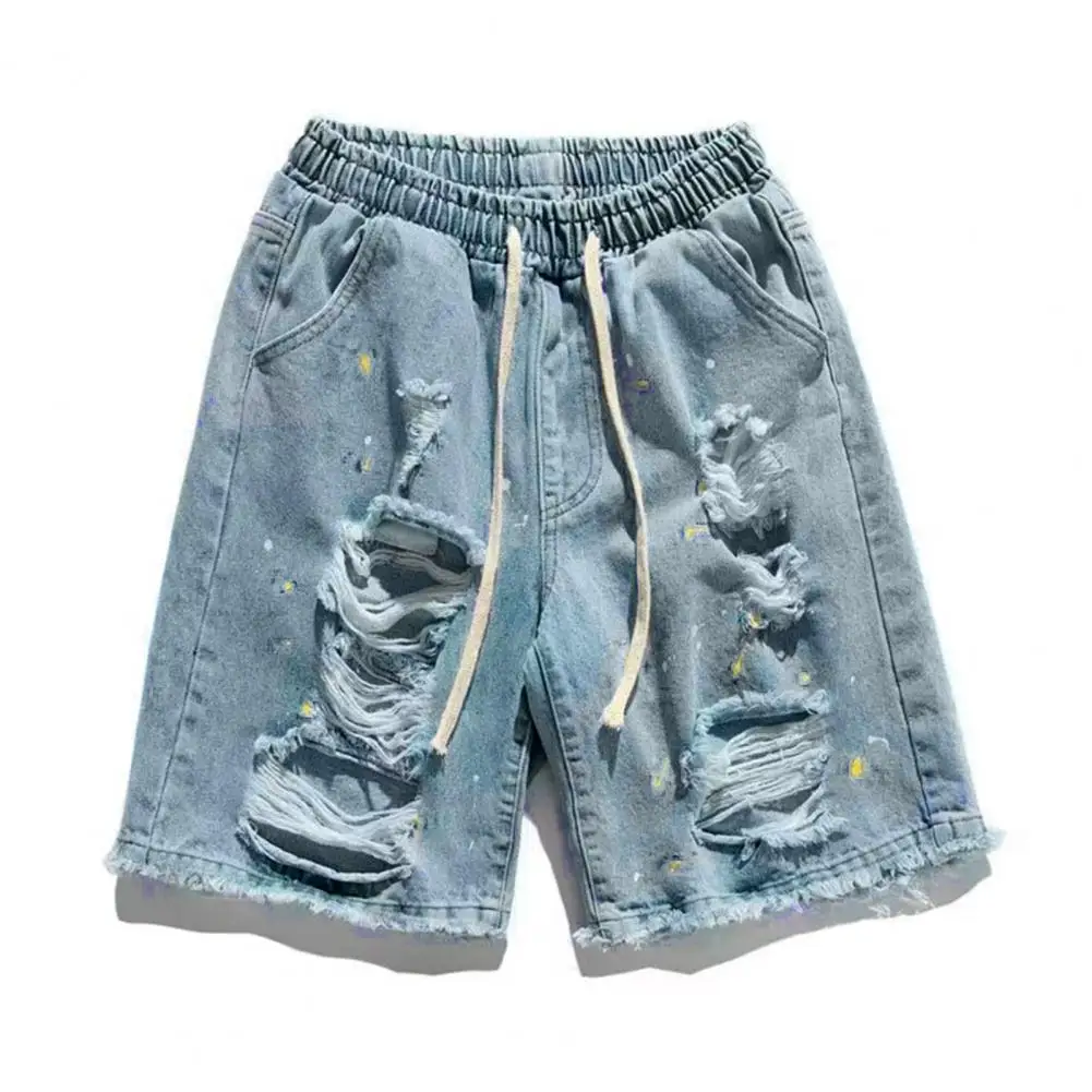 

Retro Style Denim Shorts Men's Summer Denim Shorts with Elastic Drawstring Waistband Ripped Holes Casual Solid Color Wide for A