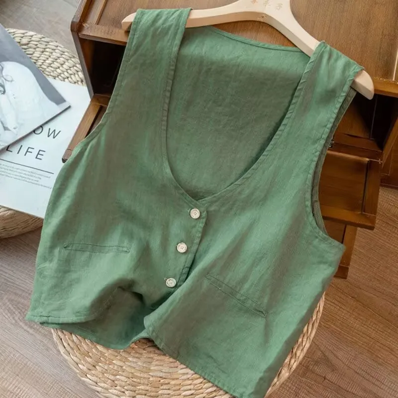 Gilet en coton et lin pour femmes, gilet fin d'été