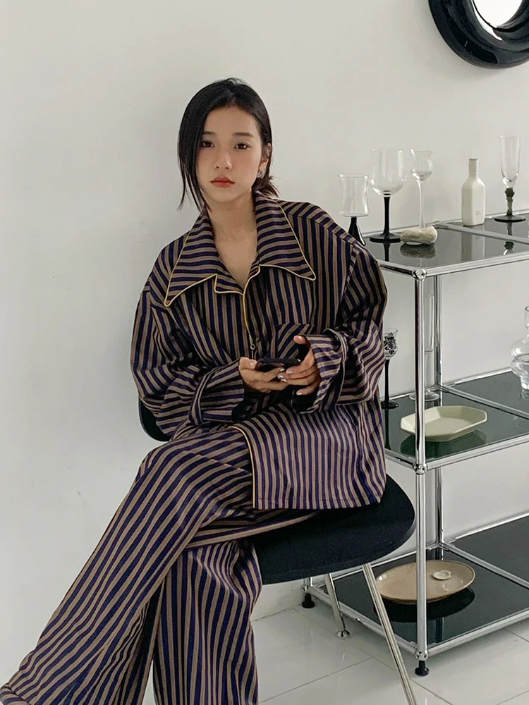 

Korean Sle Women's Long Sve Striped Spwear Set Spring Autumn New Faion Cardigan Pants Home Leisure Comfortable