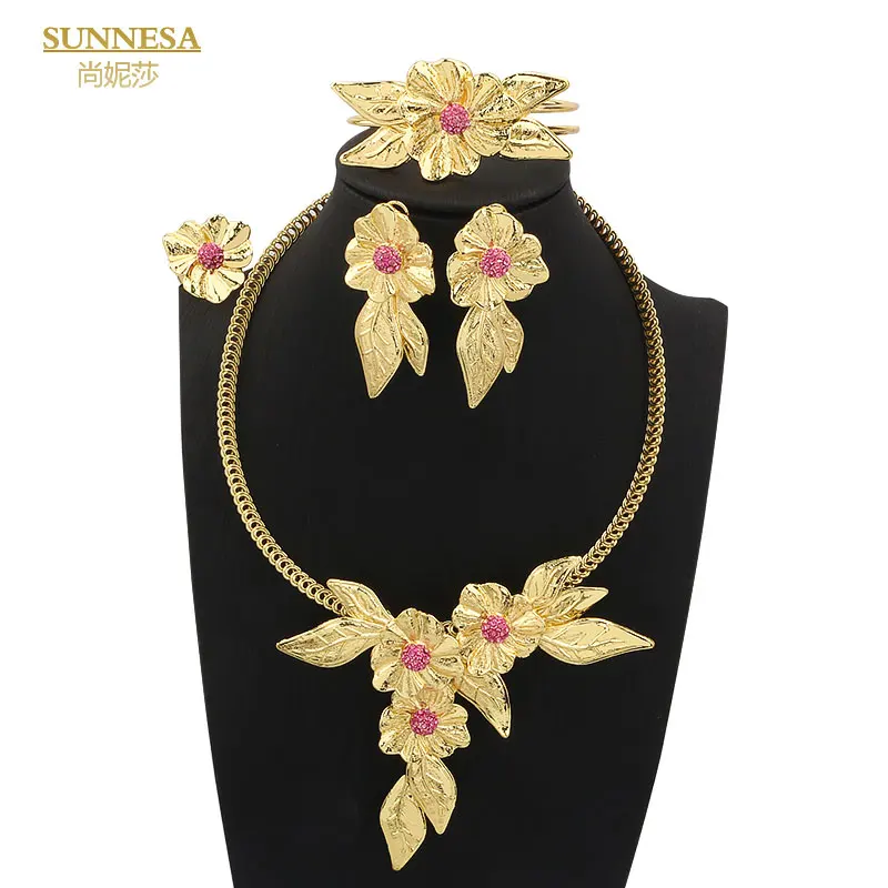 SUNNESA 18k Gold Plated Big Pendant Flower Necklace for African Bride Wedding Jewellery Luxury Dubai Jewelry Set for Women