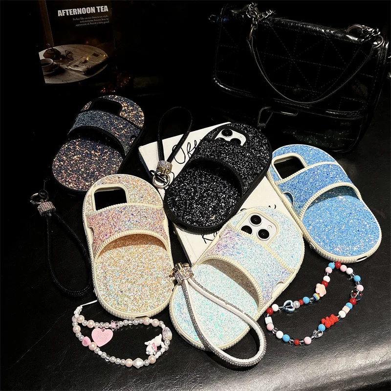 Creative Flash Diamond Slipper Design Phone Case with Hanging Rope, iPhone 11, 12, 13, 14, 15 Pro Max