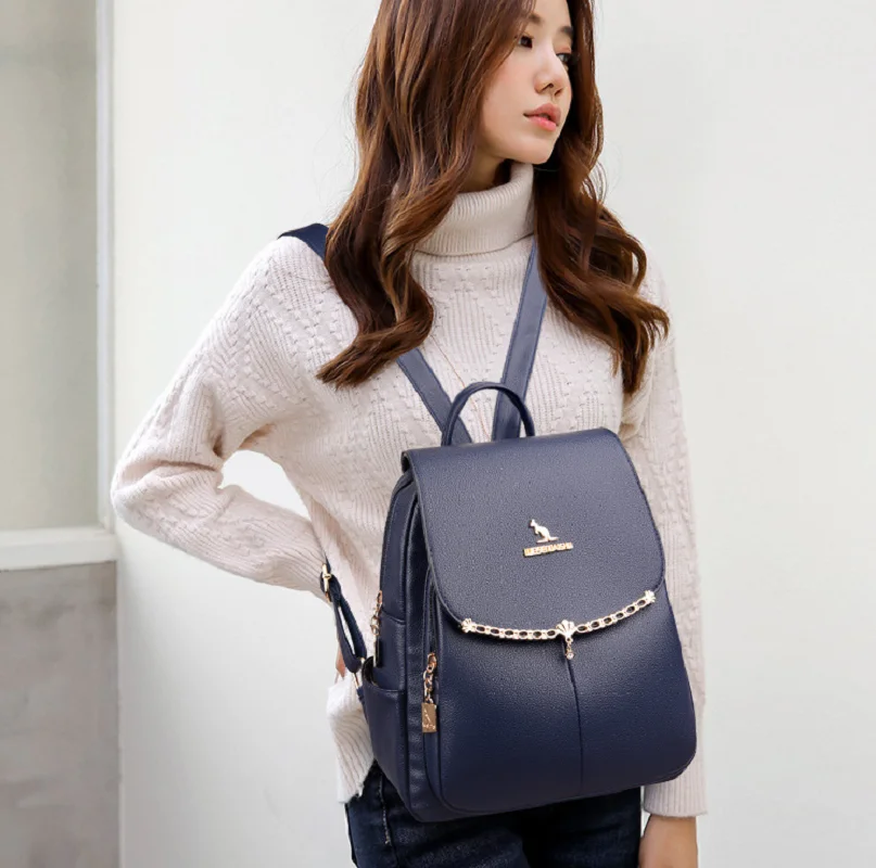 

Korean New Women's High Quality Leather Travel Backpacks Fashion Luxury Large Capacity Shoulder Bags Totes Laptop School Bag