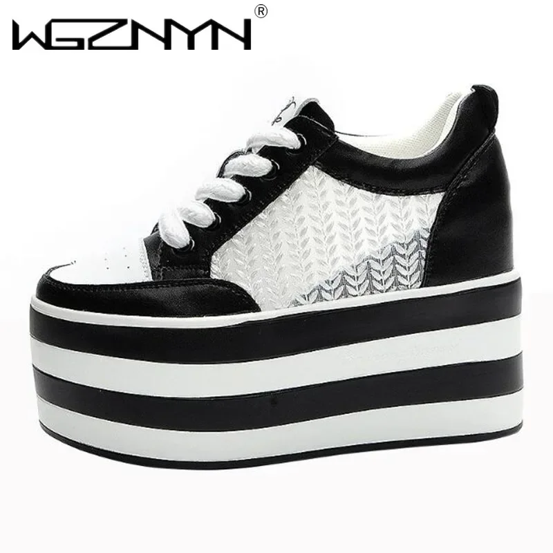 Scarpe basse con zeppa con plateau in vera pelle Air Mesh da 12 cm NUOVE scarpe con tacco alto moda bianca di alta marca da donna primavera estate