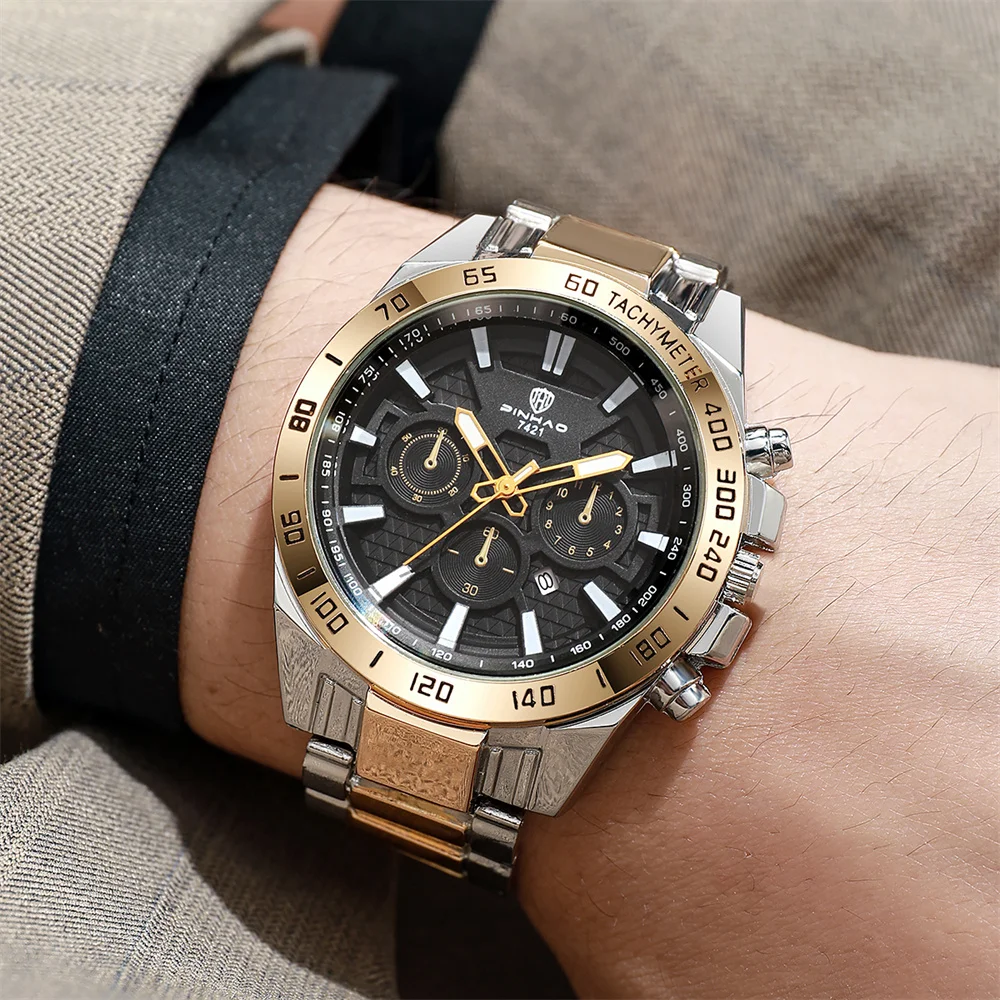 Fashion Men Two Tone Quartz Watch Decorative Multi Sub Dials Tachymeter Bezel Stainless Steel Strap with Date