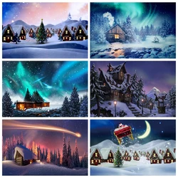 Winter Night Aurora Photography Backdrop Christmas Snowman Country House Natural Landscape Photographic Background Photo Studio