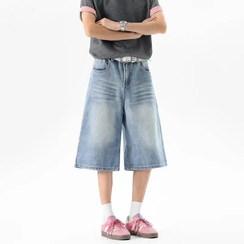 

Vintage Washed Light Blue Men's Denim Shorts Summer Fashion Loose Knee Length Cropped Pants Straight Wide Leg Casual 9X3653