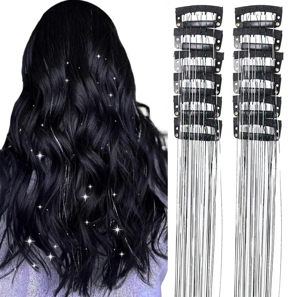 Long Straight Tinsel Hair Extensions Clip In Glitter Synthetic Hairpiece Shiny Highlights For Festival Cosplay Styling