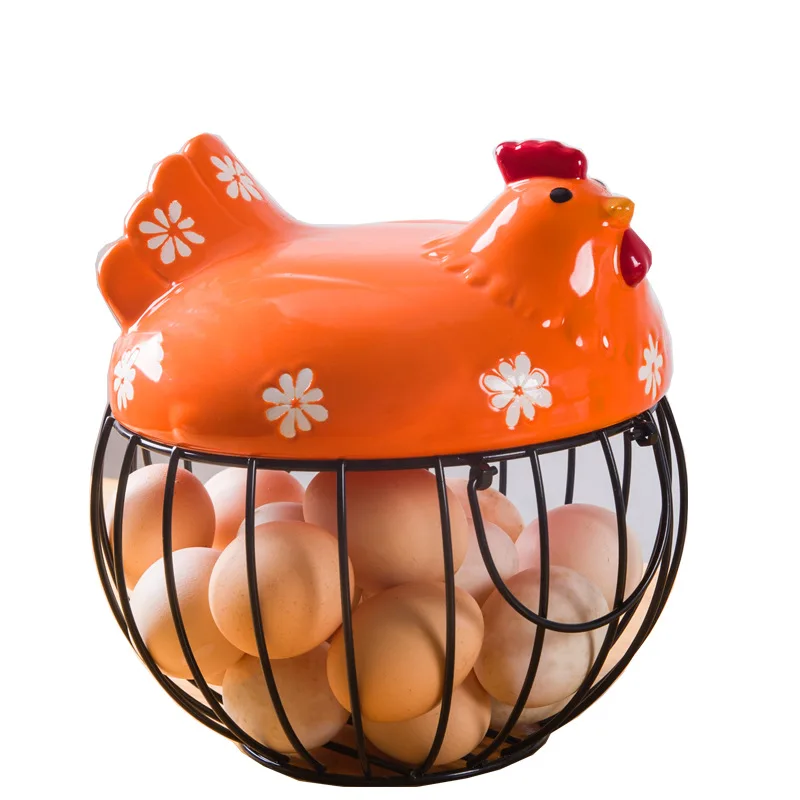 Creative Ceramic Hen Shaped Egg Fruit Iron Basket Garlic Potato Sundries Kitchen Storage Iron Basket