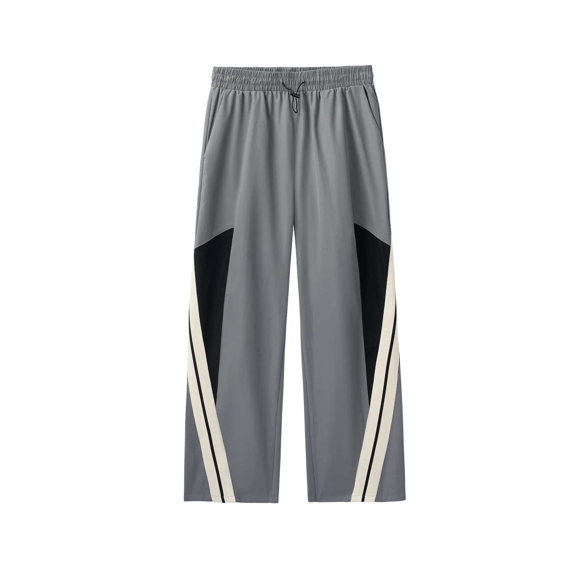 

Men’s Sporty Colorblock Pants, Grey Black Loose Straight-Leg Trousers with Side Stripes, Drawstring Waist Streetwear Casual Jogg