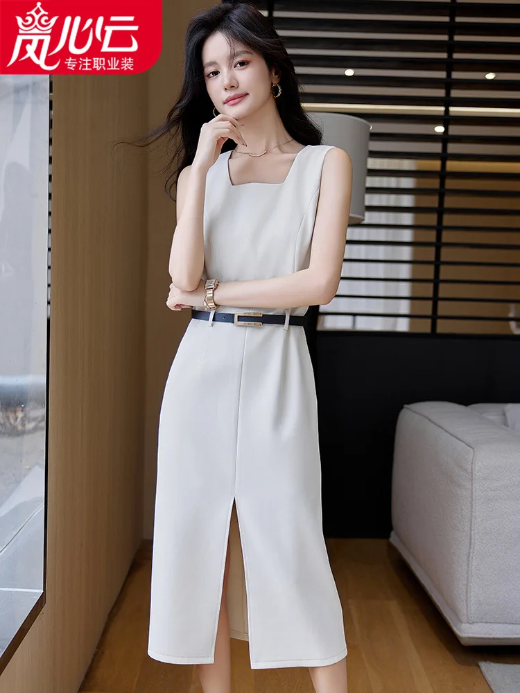 

2023Summer New French Fashion Light Luxury Temperament Solid Color round Neck Sleeveless Waist-TightAWomen's Word Split Dress