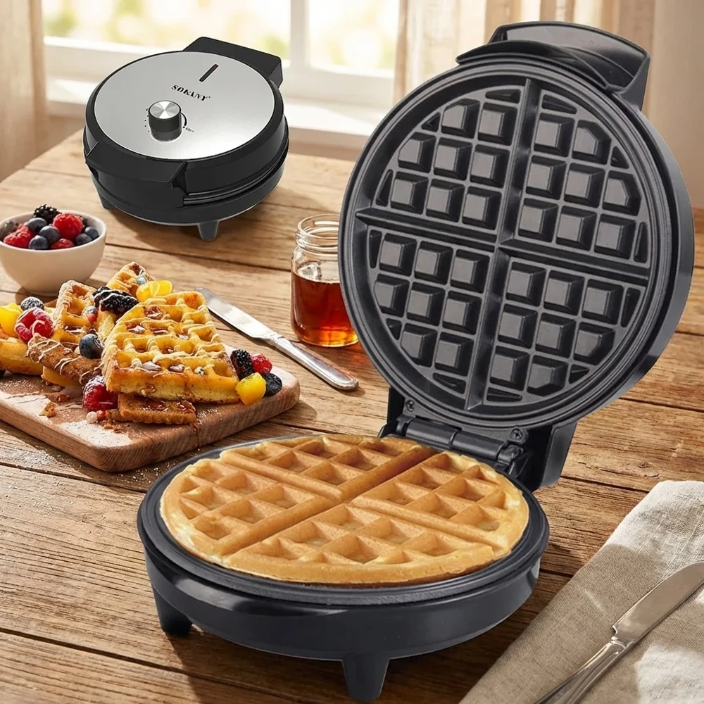 Máquina para hacer gofres eléctrica multifunción, revestimiento antiadherente, mango antiescaldaduras, calentamiento rápido, control de temperatura ajustable para el desayuno