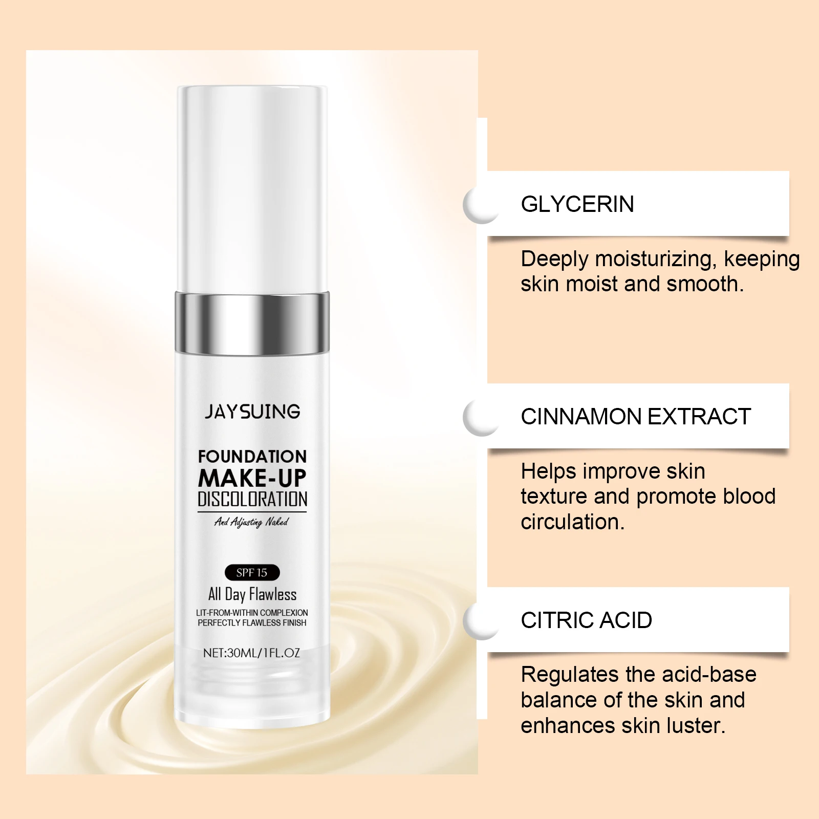 Jaysuing fond de teint maquillage décoloration longue durée hydratant nourrissant visage soins de la peau contrôle de l'huile tous les tons de peau