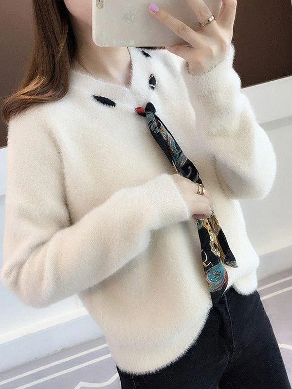 Ladies' Lazy Style Knitted Sweater Loose Fit V-Neck Long Sleeve Faux Fur Lined Base Layer Top Trendy Outerwear Pure Color
