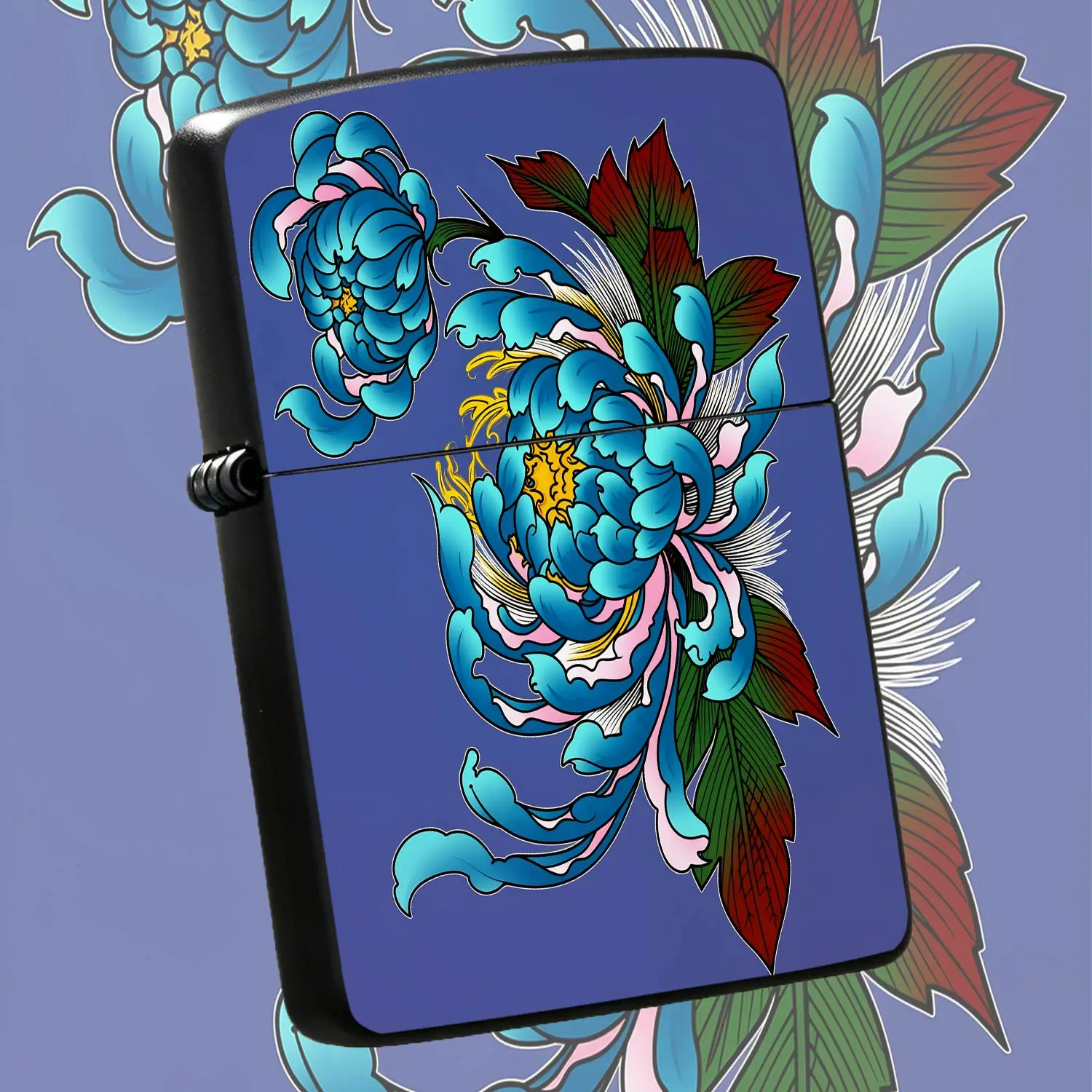 Creative Japanese Irezumi Style Blue Chrysanthemum Pattern Lighter, Vibrant Retro Artistic Floral Design, Sleek Portable Decorative Tool, Ideal for All Occasions Gifting Personal Use, Exquisite Colorful Painted Appearanc A Humorous And Inte