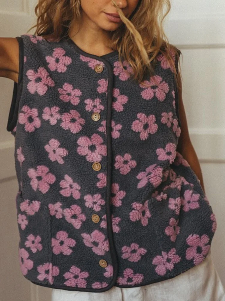 Women's Fashion Flower Print Vest Autumn And Winter Elegant Fleece Round-neck Cardigan Loose Casual Versatile Warm Vest Top