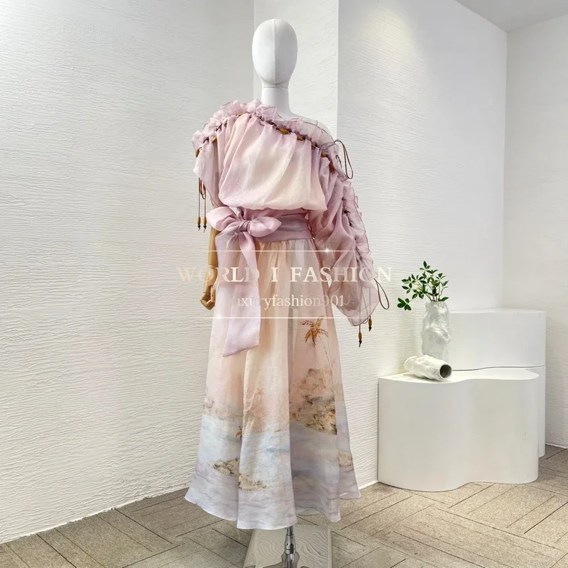 

2025 New Beach Style High Quality Linen Silk Off The Shoulder Elegant Beading Lace-up Women Pink Holiday Hot Long Dress