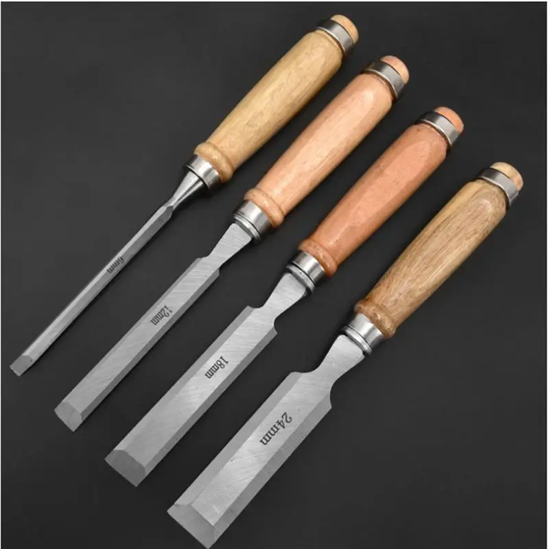 Beech High Impact Handle 4Pcs Wood Chisel Set For Woodworking, Chrome Vanadium Steel Bevel-Edge Bench Chisels With Cap