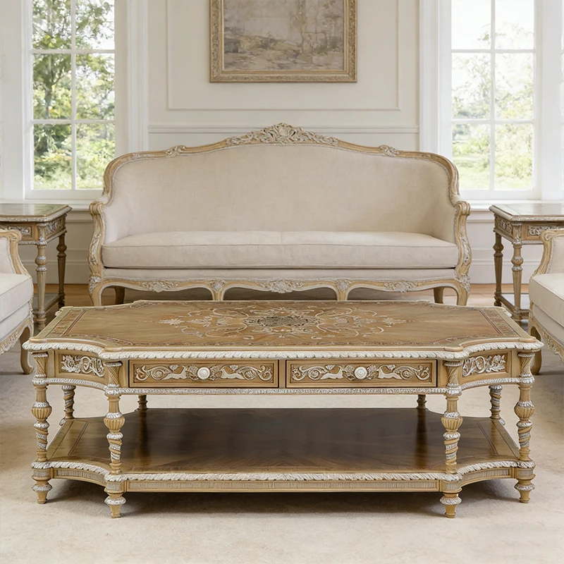 ！@French  Antique Design With  American Exquisite Engraving Peach Core Solid Wood  Durable Villa/Hotel Living Room Coffee Table
