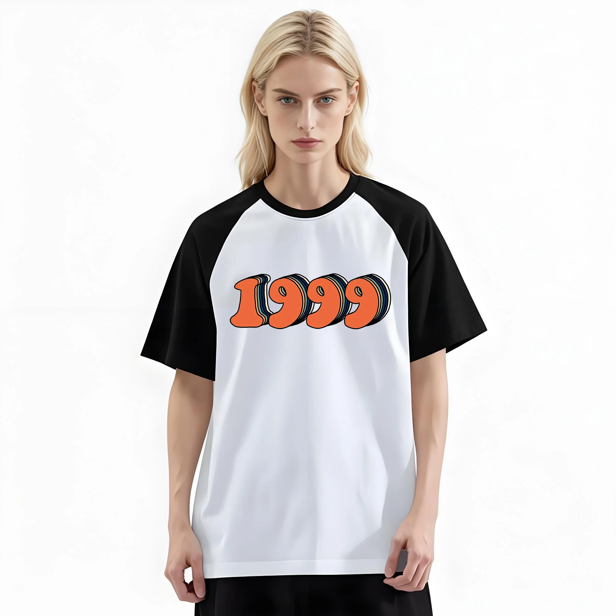 Women'S Fashion Raglan Sleeve T-Shirt, Gradient Orange 1999 Retro Number Font Printed, Summer Casual Comfortable Tee, Women'S Everyday Short-Sleeve Top