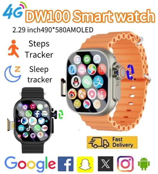 

Смарт-часы DW100 4G Android 2025 года, функция глобального звонка, разблокировка отпечатков пальцев, 2,29 дюйма, AMOLED, 4G, SIM-видеочат, WIFI, GPS
