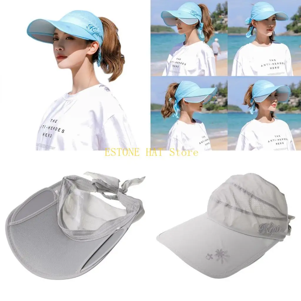 49MF Women Summer Retractable Wide Brim for Sun Visor Hat Empty Top Bowknot Outdoor Cycling Letters Embroidery UV for Protection