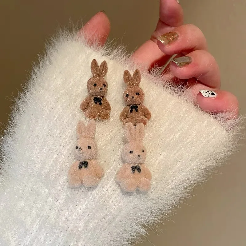 New Plush Rabbit Earrings Cute Fashion Charms Vintage Coffee Color Animal Stud Earrings for Women Birthday Jewelry Gifts