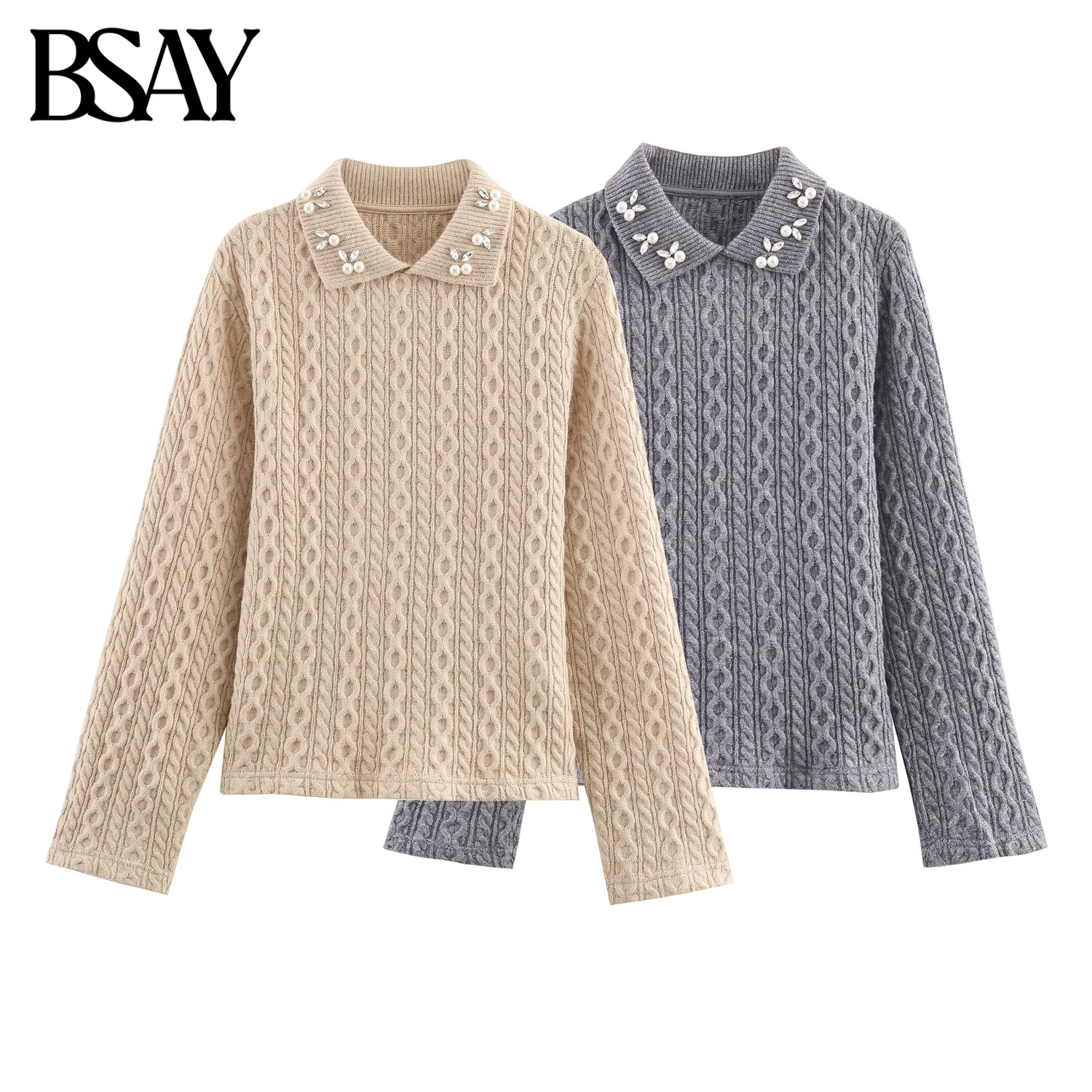 

BSAY Jewelry Collar Knitted Sweater for Women Fashion Autumn Winter New Solid Long Sleeves Tops Chic Female Knit Sweaters Mujer
