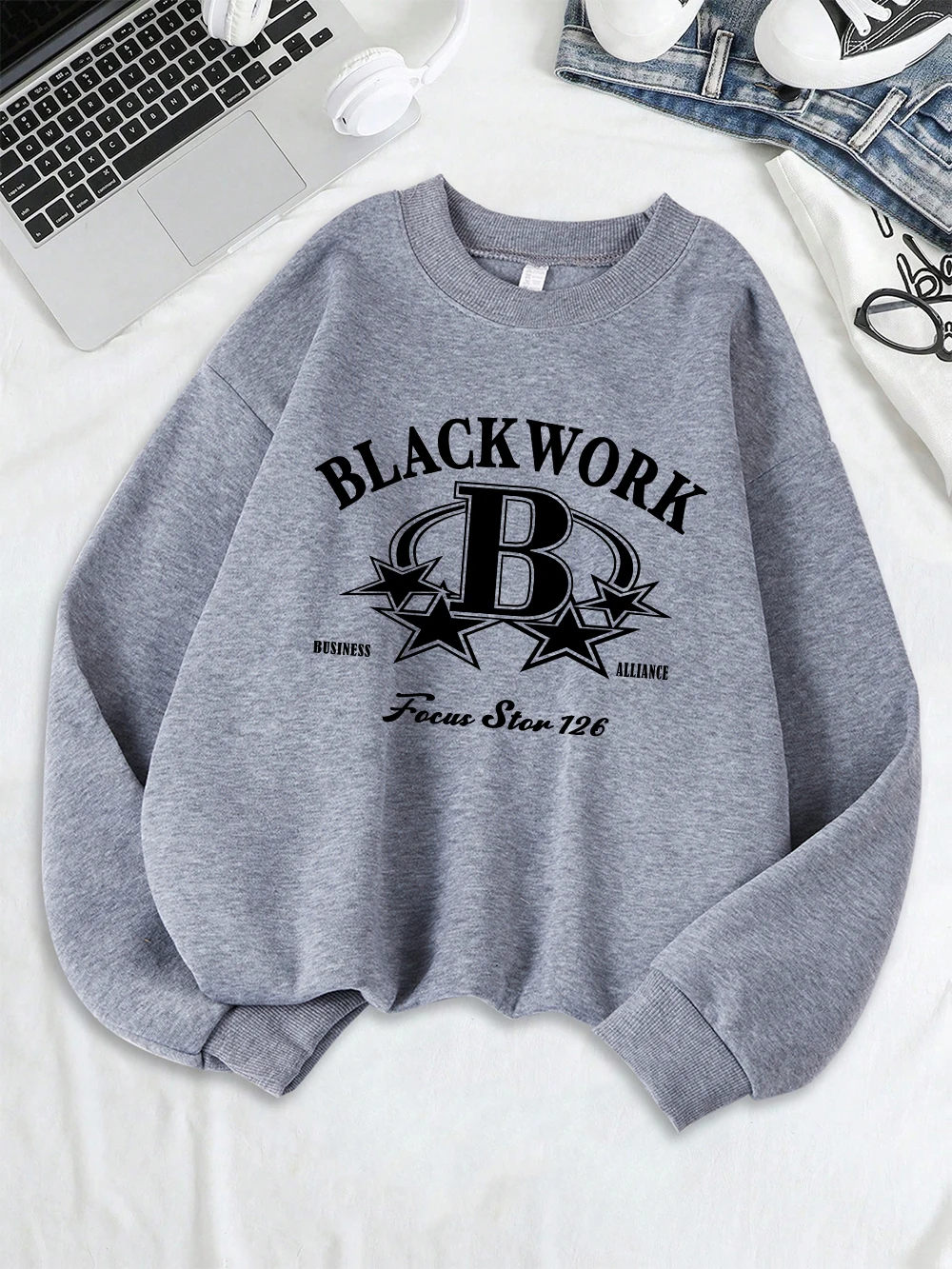 أسود العمل التركيز ستار 126 يطبع البلوز المرأة فضفاضة كل مباراة هوديي الصوف الدافئة Crewneck القمم الشتاء ملابس مريحة