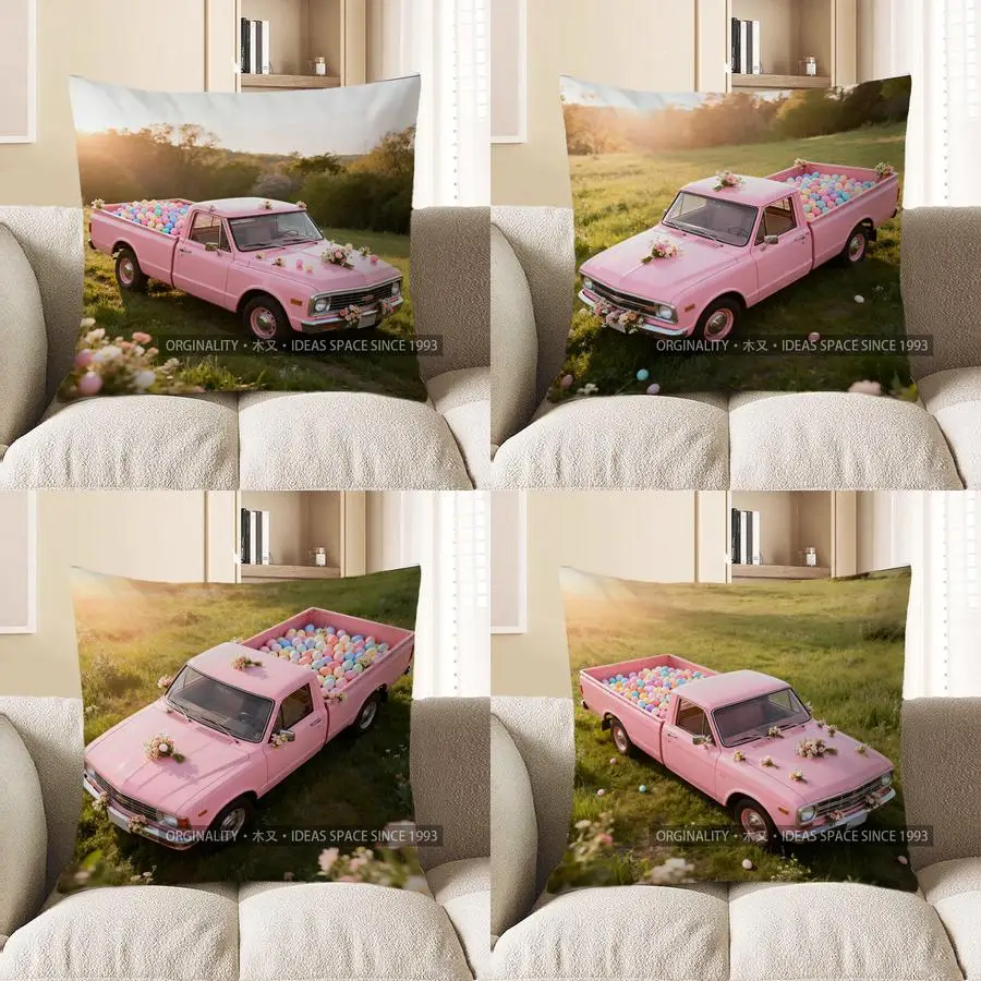 

2D Pink Truck With Balls Decorative Throw Pillow Pattern Cushion Cover Suitable For Sofa Bedroom Car Pillow Cover