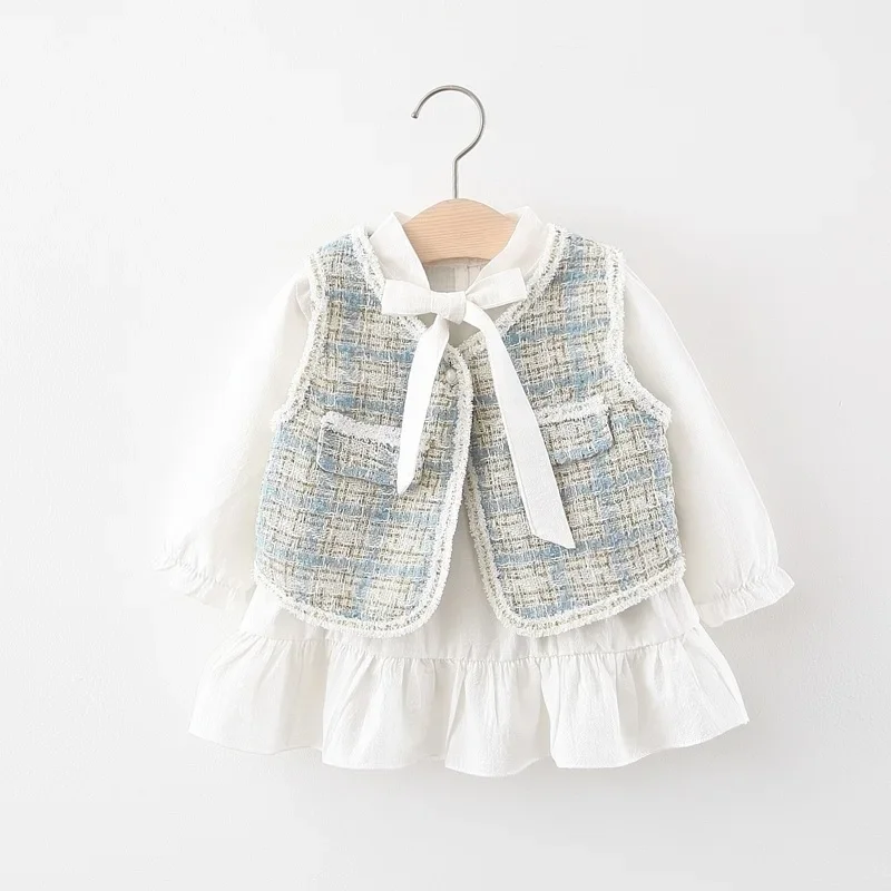 Girls' Spring and Autumn Clothes New Butterfly Knob Tie Dress Long Sleeves Plaid Pockets Vest Two-piece Set