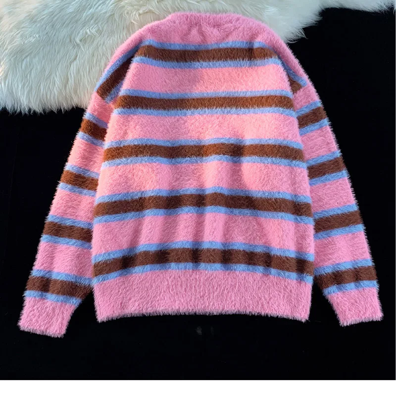 Women Fashion Vintage O-neck Pullovers Autumn Striped Loose Casual Knitted Pullovers Comfortable Elasticity Soft Sweaters