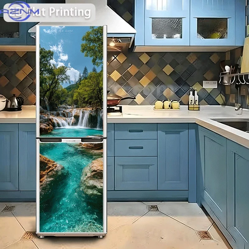 of Refrigerator Sticker[] Featuring a Theme Design of The Bi Tan Cascading Waterfall Amidst Lush Greenery, Self-Adhesive Wall
