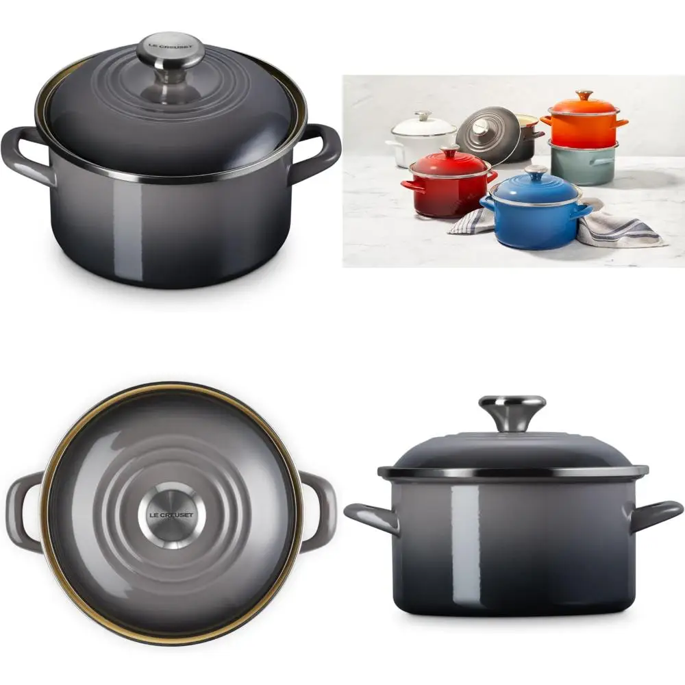 

Enamel Steel Petite Stockpot 3.8 Quart Oyster Colored Traditional Cooking Pot with Long Tail Keyword