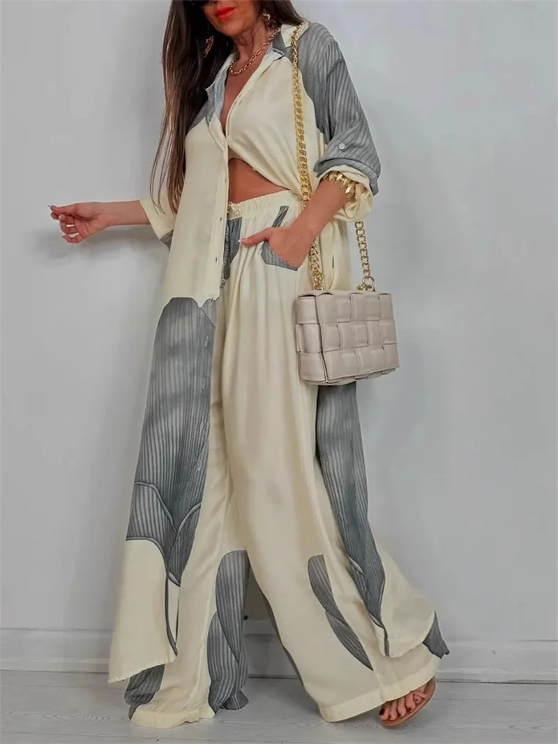Women Autumn Fashion Casual Color Blocked Loose Shirt Top and Pants Two-piece Set Comfortable Straight Pants Female Suits 2025