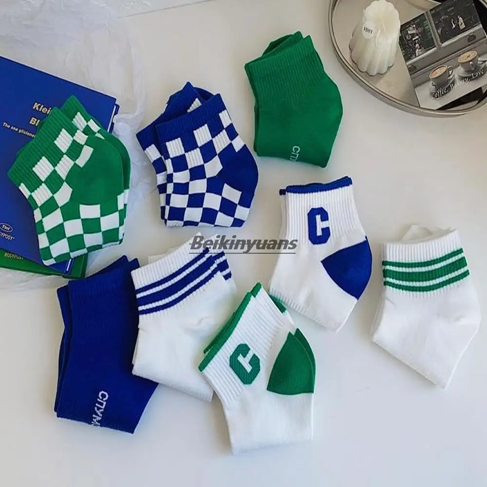 New spring and summer online celebrity checkerboard letter big C Klein blue tube combed cotton socks  boat socks