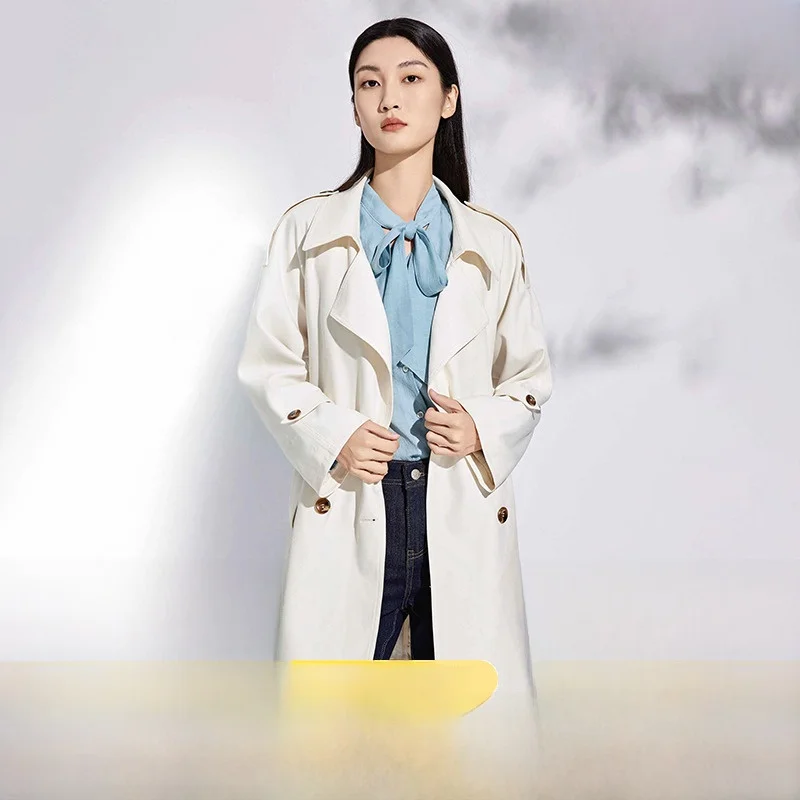 Faionable Belted Long Coat Pure Color Large Collar Mid-Length Windbreaker Women's Autumn Wear Brand New 2025 Outerwear