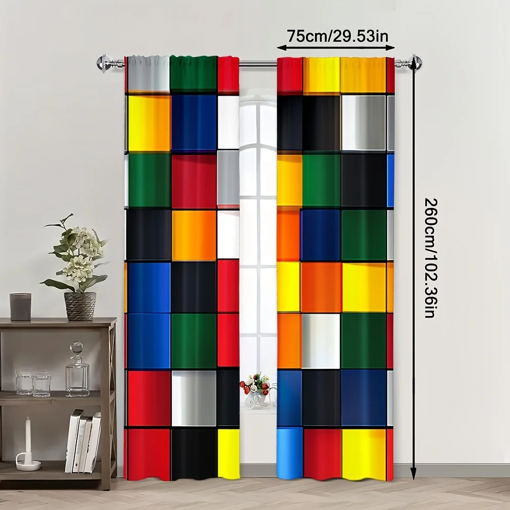 Modern Geometric Curtains Abstract Color Block Grid Pattern Window Drapes Primary Colors Art Decor for Living Room