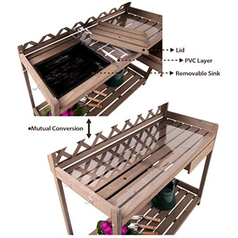 Potting Bench Garden Table for Plants Outside Outdoor Wooden Garden Work Bench with Sink Storage PVC Layer Drawer Shelf Hook fo