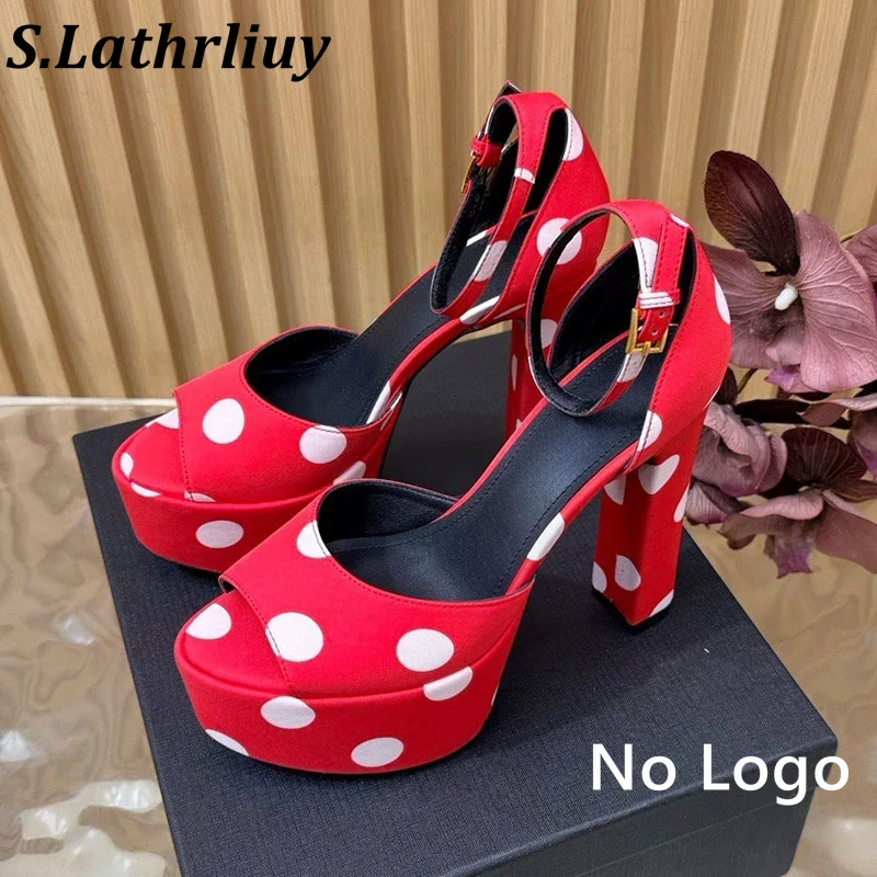 2026 summer solid color polka dot design waterproof table sandals women's buckle toe sexy party dress fashionable sandals