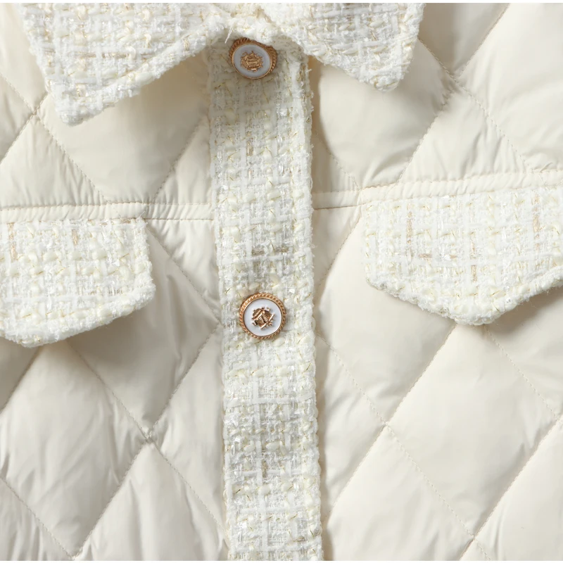 Lightweight Down Cotton Jacket Women\'s Short Jacket 2023 Winter White French Style Fashion Women Jackets Patchwork Tweed Coat