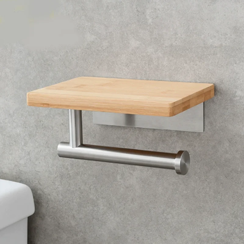 Solid Wood Tissue Holder Stainless Steel Non Perforated Toilet Roll Paper Holder Storage Phone Holder Wall Mounted Tissue Holder
