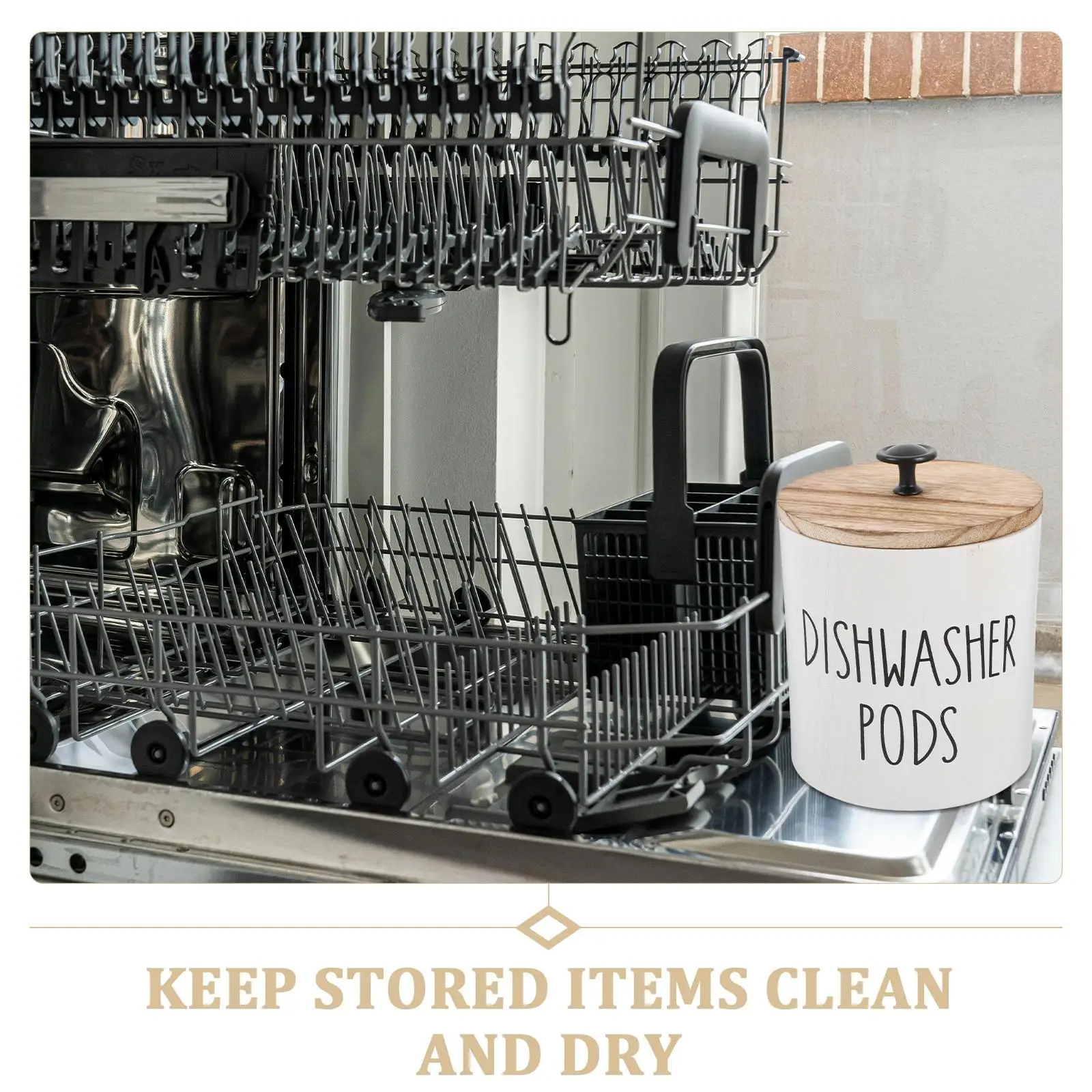 Dishwasher Holder Laundry Tablet Storage Tin Wooden Box Kitchen Organizer Material Secure Lid Round Shape
