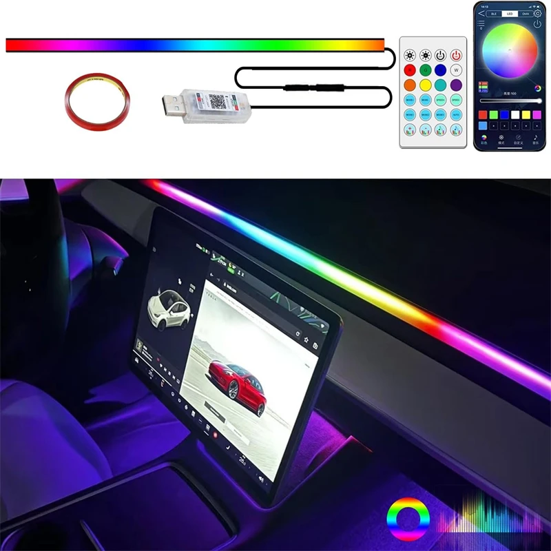 Colorful LED Car Ambient Light Acrylic Strips Dashboard Lights RGB Car Interior Hidden App Remote Control Atmosphere Lamp USB