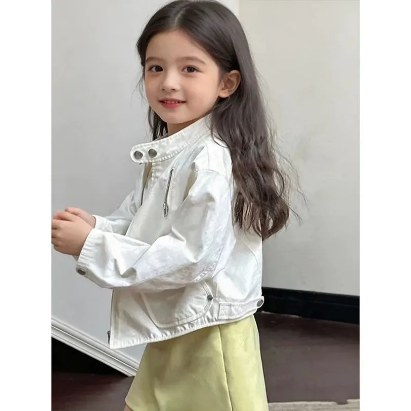 

Girls' PU Zipper Jacket Spring and Autumn New Style Children's White Versatile Short Casual Leather Coat