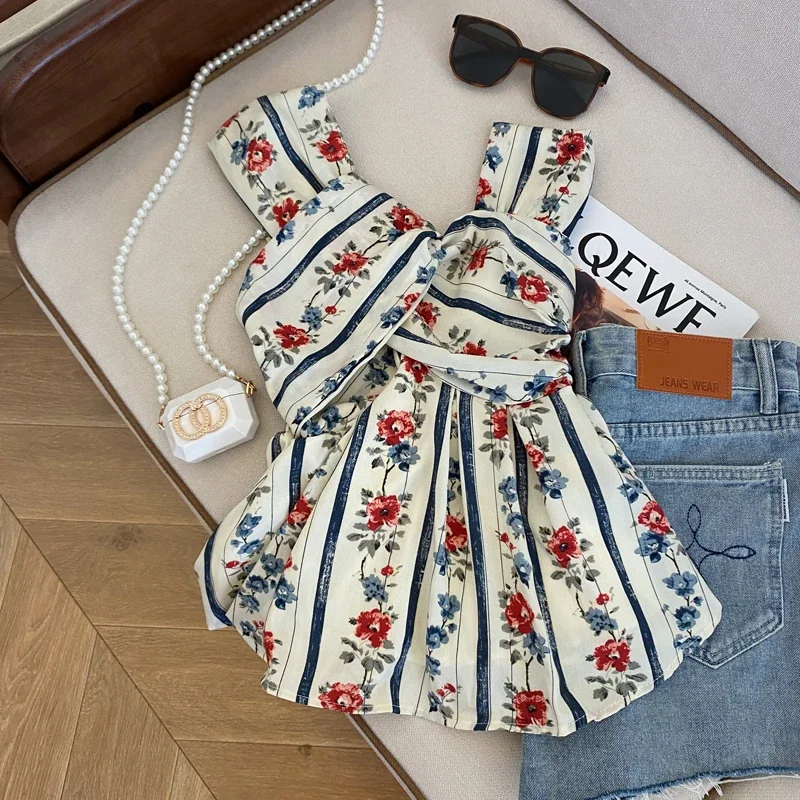 

Women's Flower Print Shirts and Blouses Sleeveless Shirt 90s Aesthetic Vintage Harajuku Y2k 2000s Elegant Clothes Summer 2024