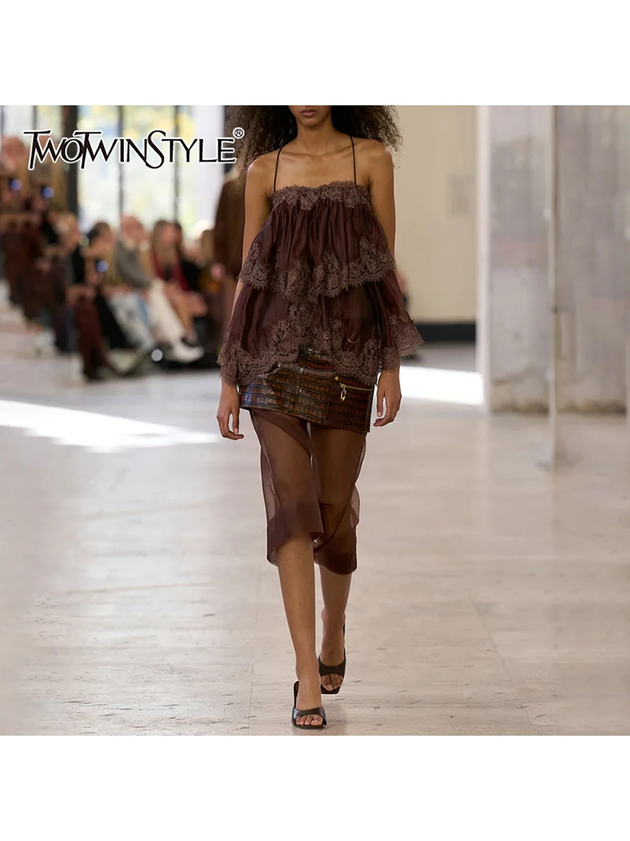 

TWOTWINSTYLE Loose Sheer Spliced Lace Sexy Blouses for Women Square Neck Sleeveless Patchwork Ruffles Fashion Blouse Female New