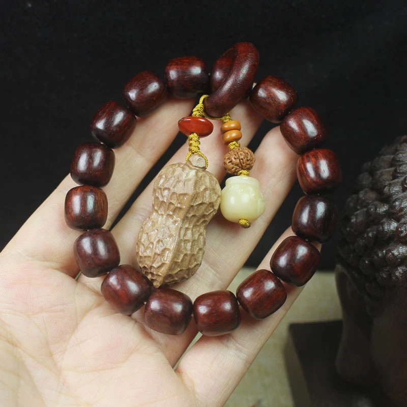 

Zambian rosewood vintage beads 12mm bracelet with peanut pendant, unisex Buddhist prayer beads jewelry