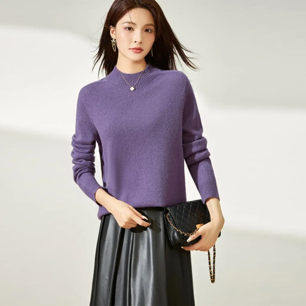 

Puyuan Women's Pure Wool Sweater Half-Turtleneck Pullover Long-Sleeve Knitwear Autumn Winter Seamless Base Layer Commuter Style