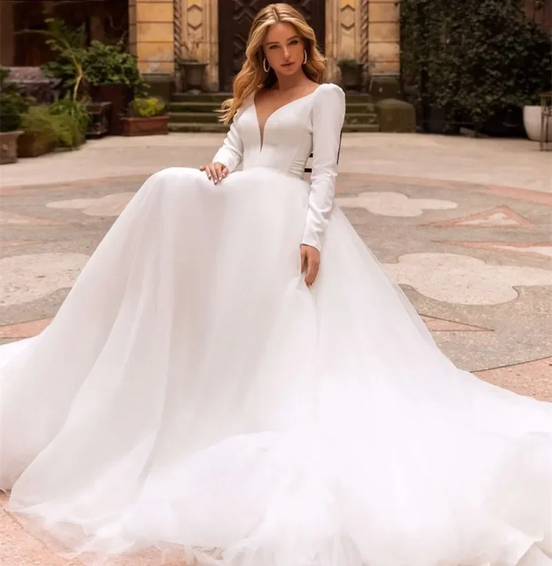 Vestido de casamento simples e elegante, linha, sexy decote em v, manga comprida, suéter nupcial, trem, tule, tamanho grande